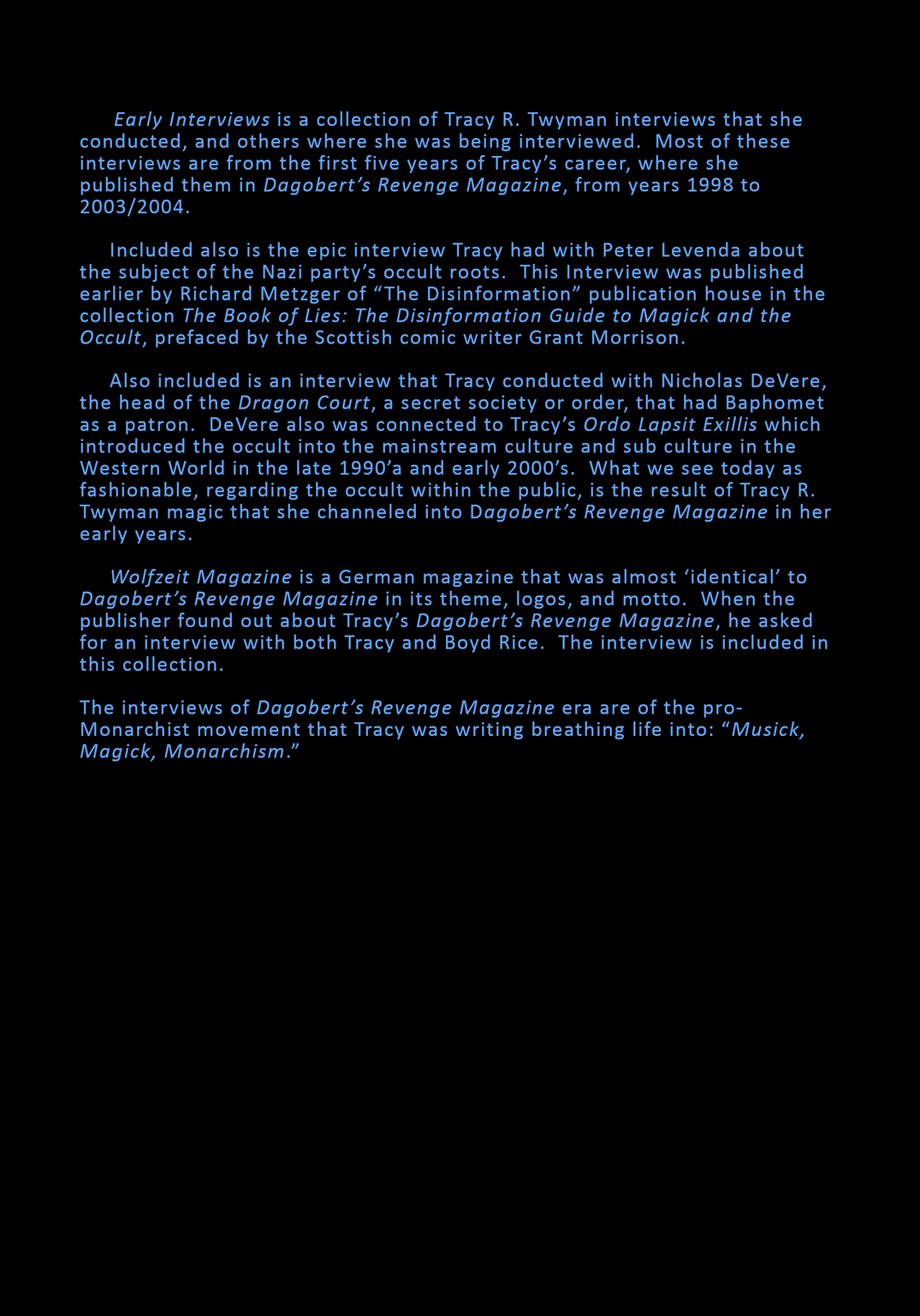 Book Cover Back: Early Interviews of Tracy R. Twyman by Tracy Twyman