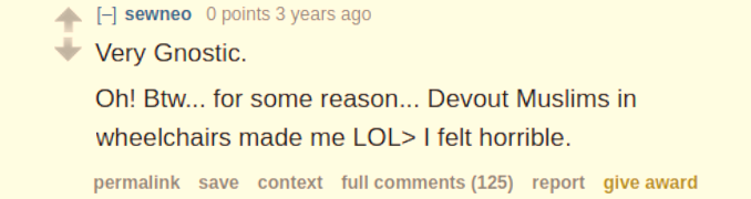 Reddit.com "Very Gnostic. Oh! Bw... for some reason... Devout Muslims in wheelchairs made me LOL> I felt horrible."